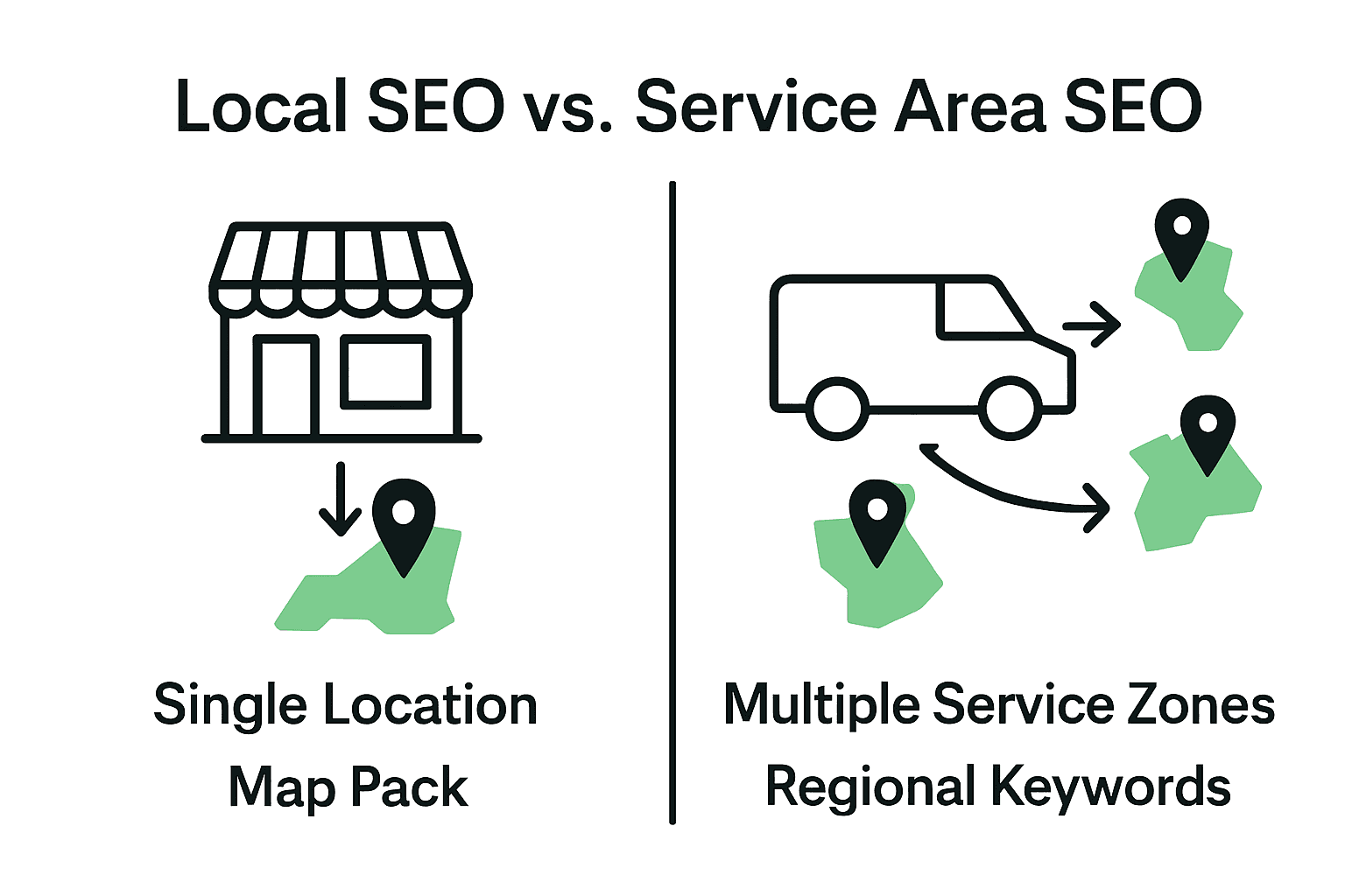 Infographic contrasting Local SEO and Service Area SEO with icons and maps.