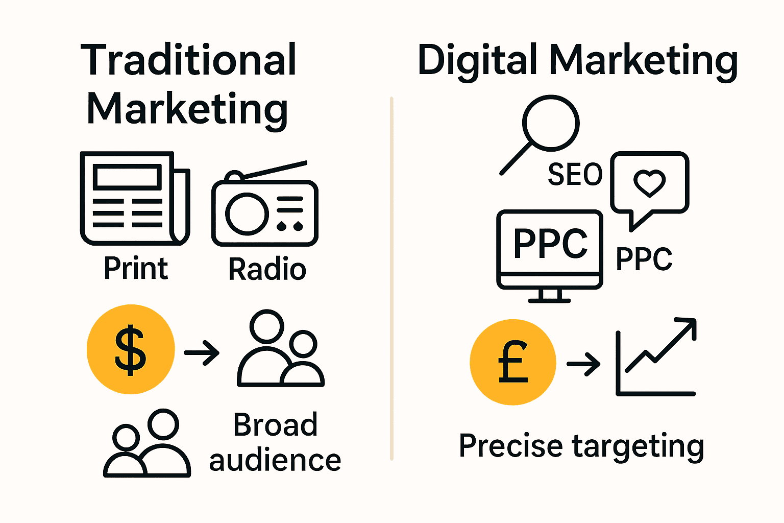 Infographic comparing cost and targeting benefits of traditional vs digital marketing for NZ businesses.