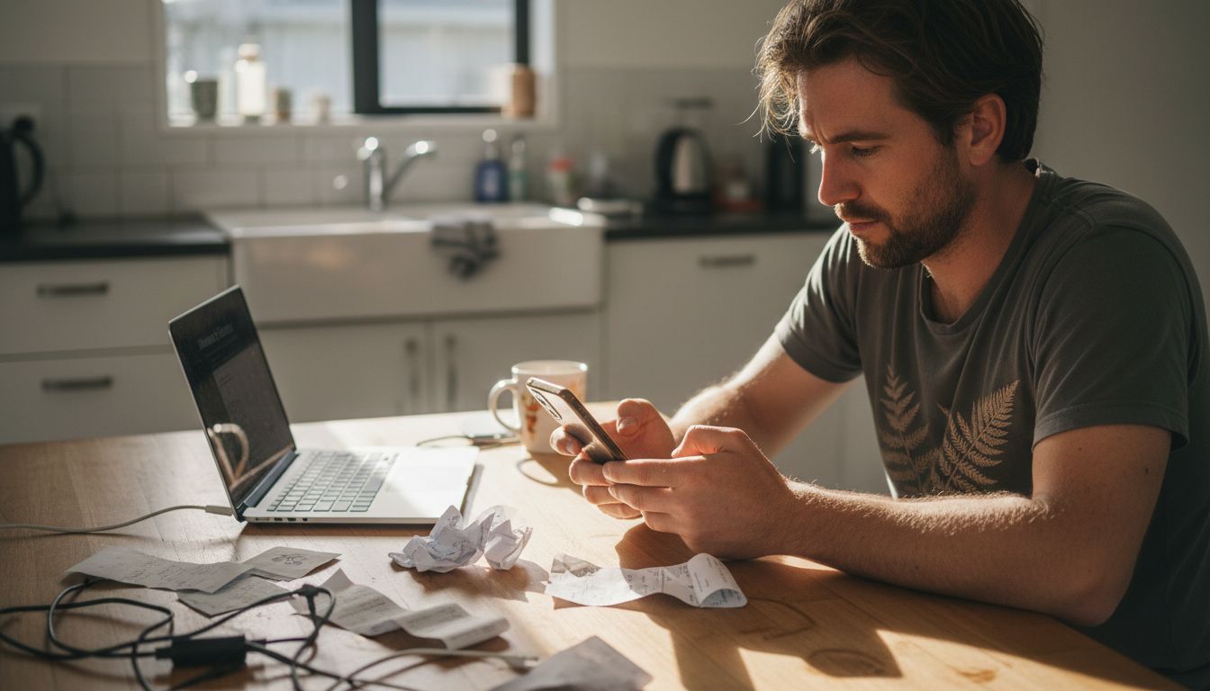 Man browsing business sites on phone and laptop