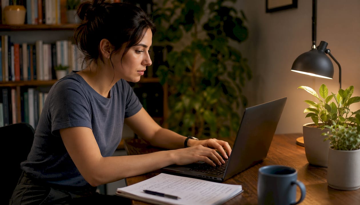 Le mani di una donna digitano sulla tastiera di un laptop in un ufficio dedicato allo sport.