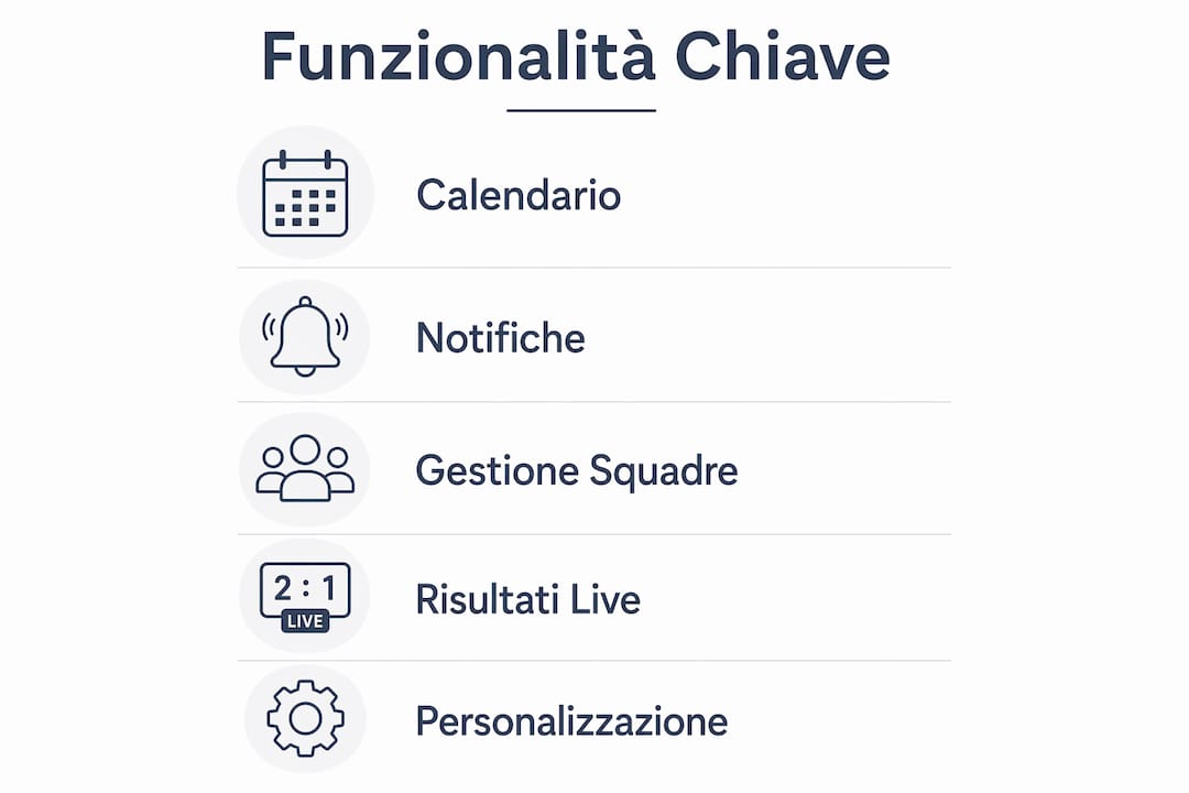 Infografica delle principali funzioni dell’app per la gestione dei tornei