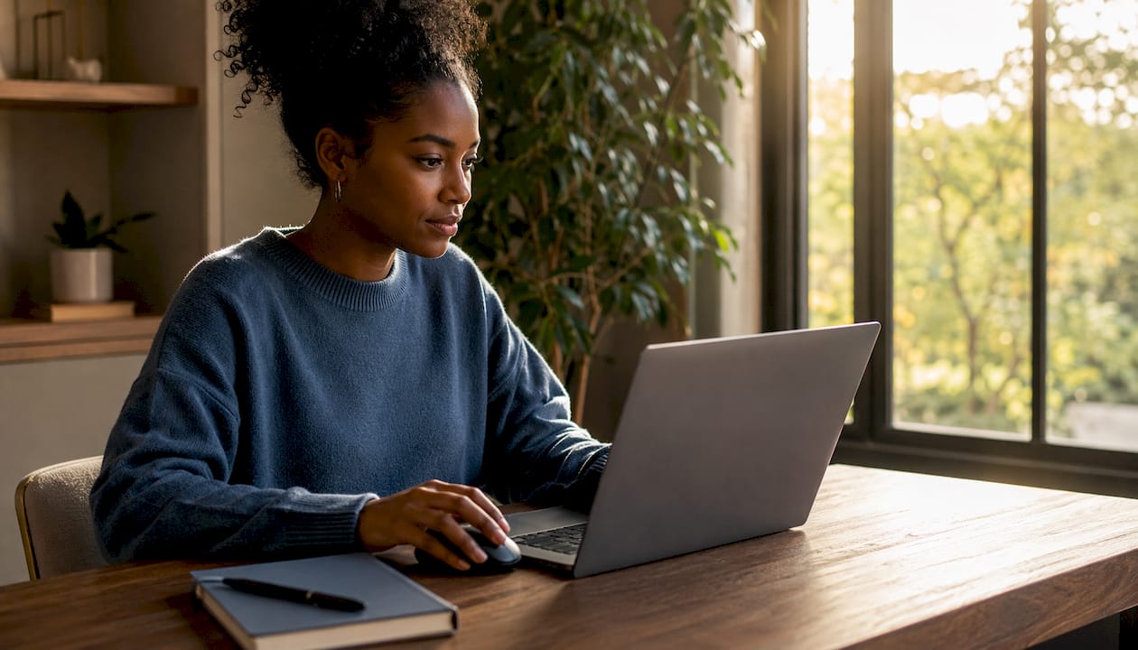 Mani di donna che lavorano al computer portatile, utilizzando il mouse per effettuare un'analisi.