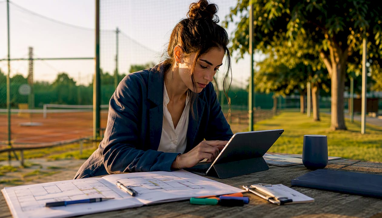 Donna impegnata nell’organizzazione di un torneo, mentre pianifica tutto tramite tablet.