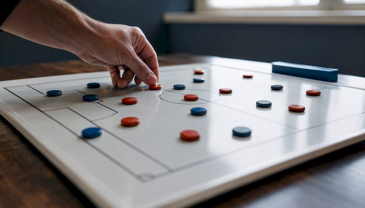 Una mano che sposta una pedina sulla plancia di gioco raffigurante un campo sportivo