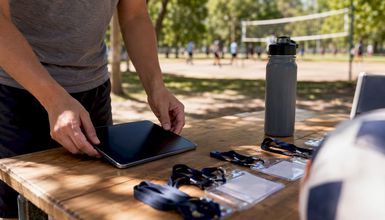 Postazione di accoglienza per l’iscrizione agli eventi sportivi, dotata di tablet e badge