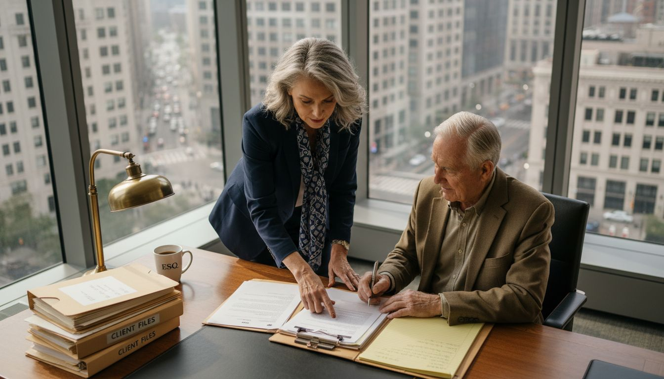 Attorney and client discussing estate plan paperwork