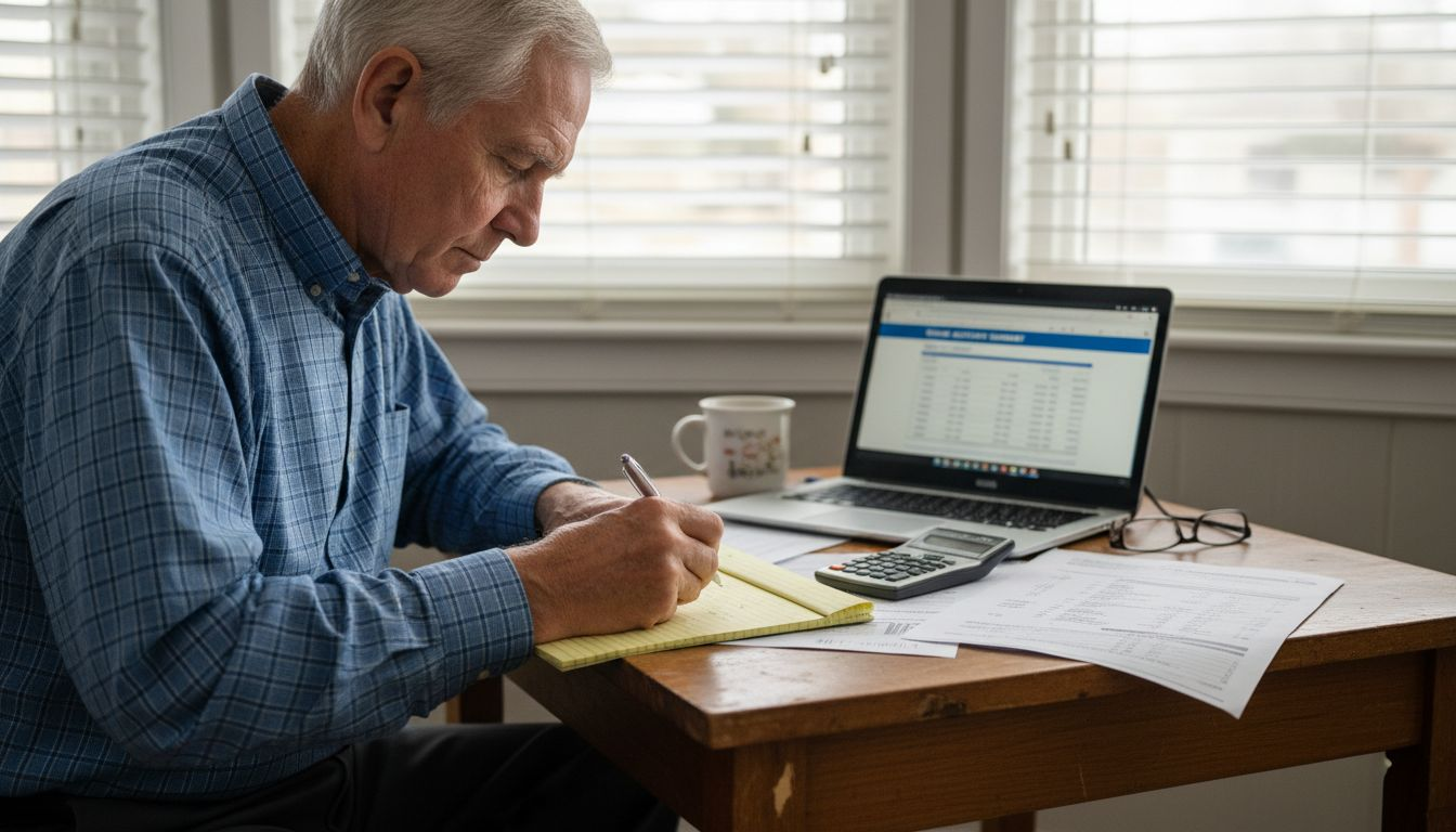 Senior reviewing financial papers at home
