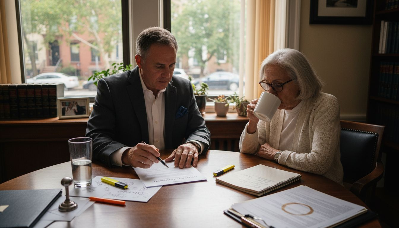 Attorney explaining living trust paperwork to client