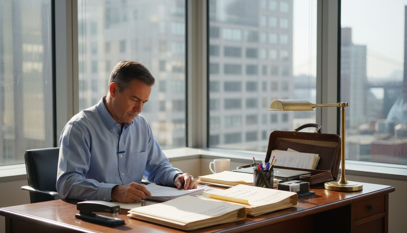 Attorney reviewing estate documents in office