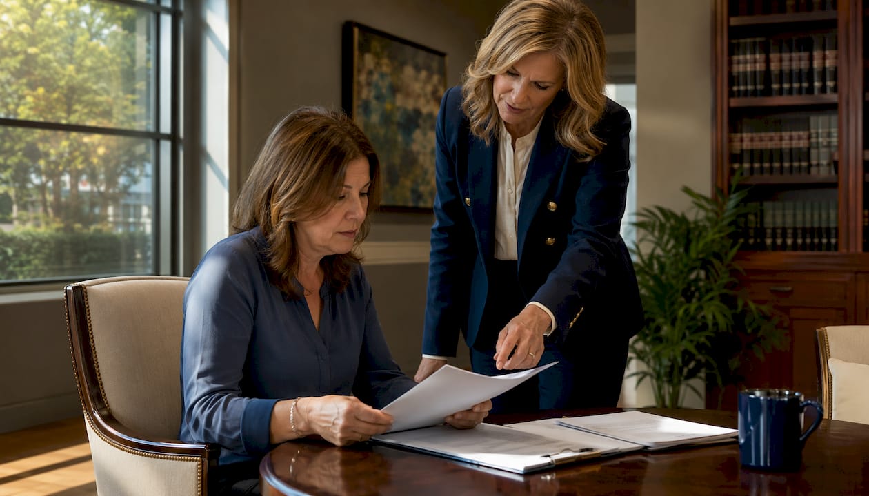 Client consulting estate planning attorney in office