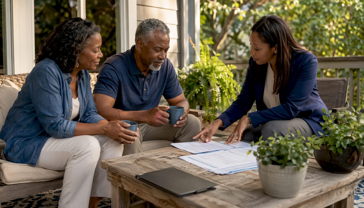 Couple discussing living trust funding with advisor