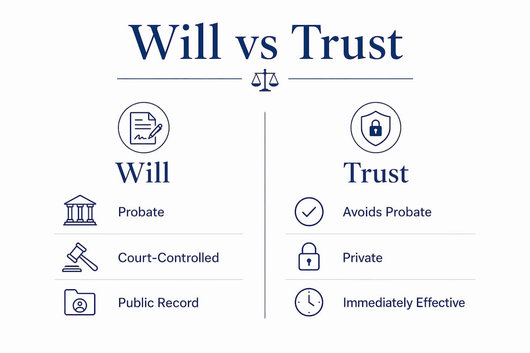 Infographic comparing will and trust for probate avoidance