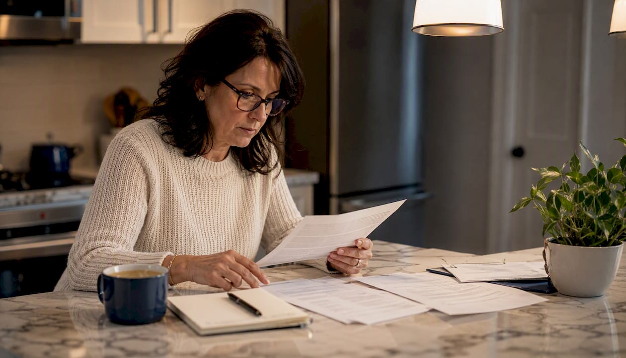 Middle-aged woman reading advance directives at home