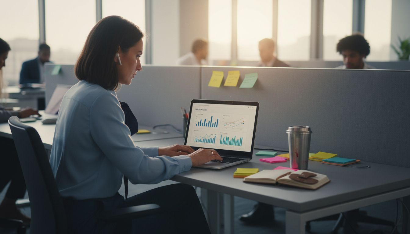 Woman reviewing office AI speech feedback charts