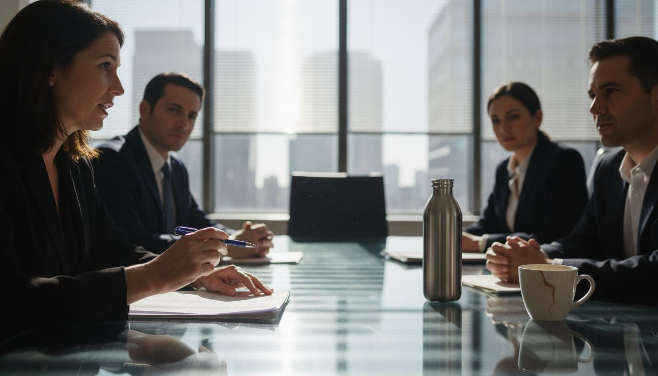 Panel interviews candidate in sunlit boardroom