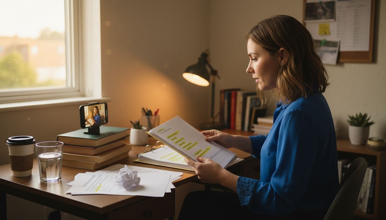 Woman recording mock interview at home