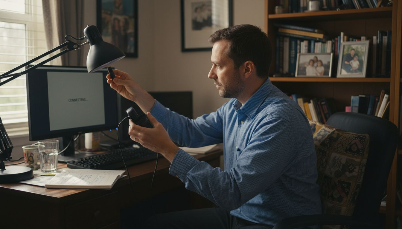 Man adjusting video interview setup at desk