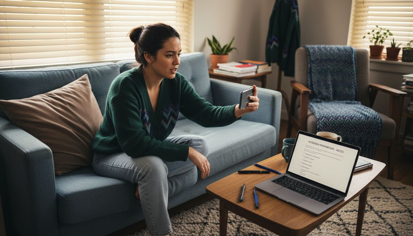 Woman practicing interview speech at home