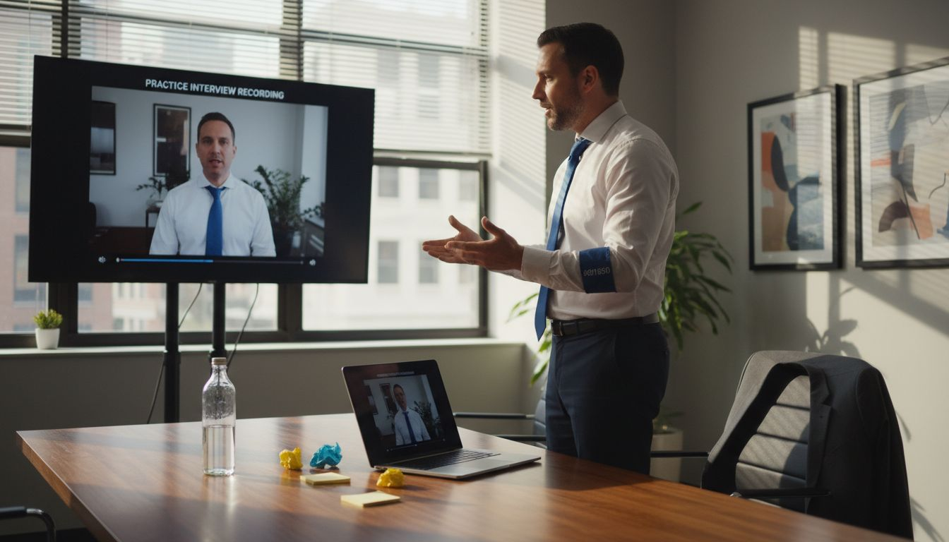 Man practicing interview speaking in meeting room