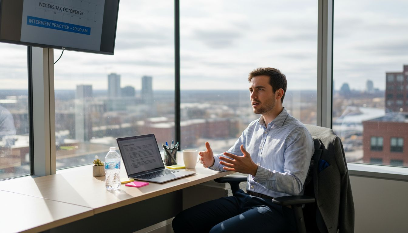 Person confidently rehearsing interview in office