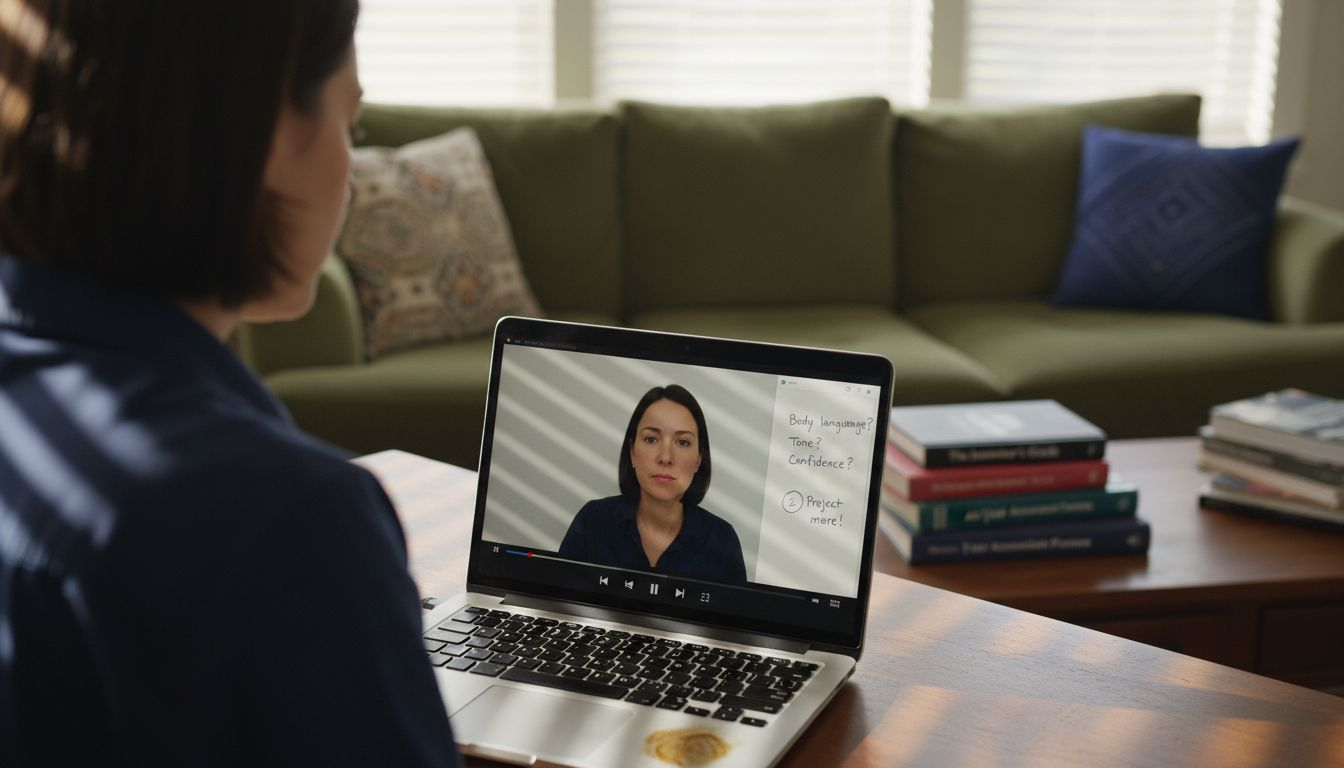 Woman watching interview prep video feedback