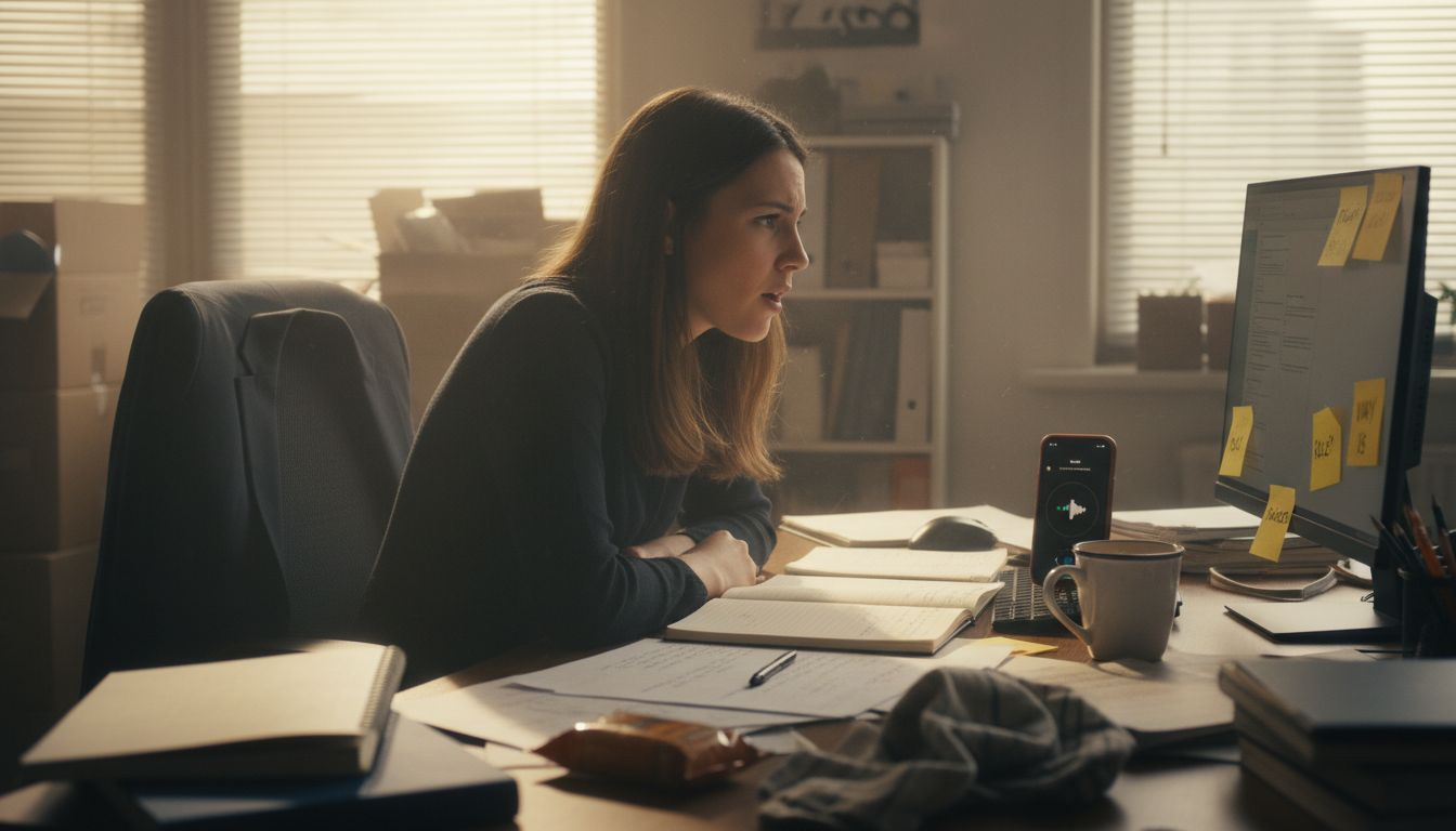 Woman practicing interview answers in office