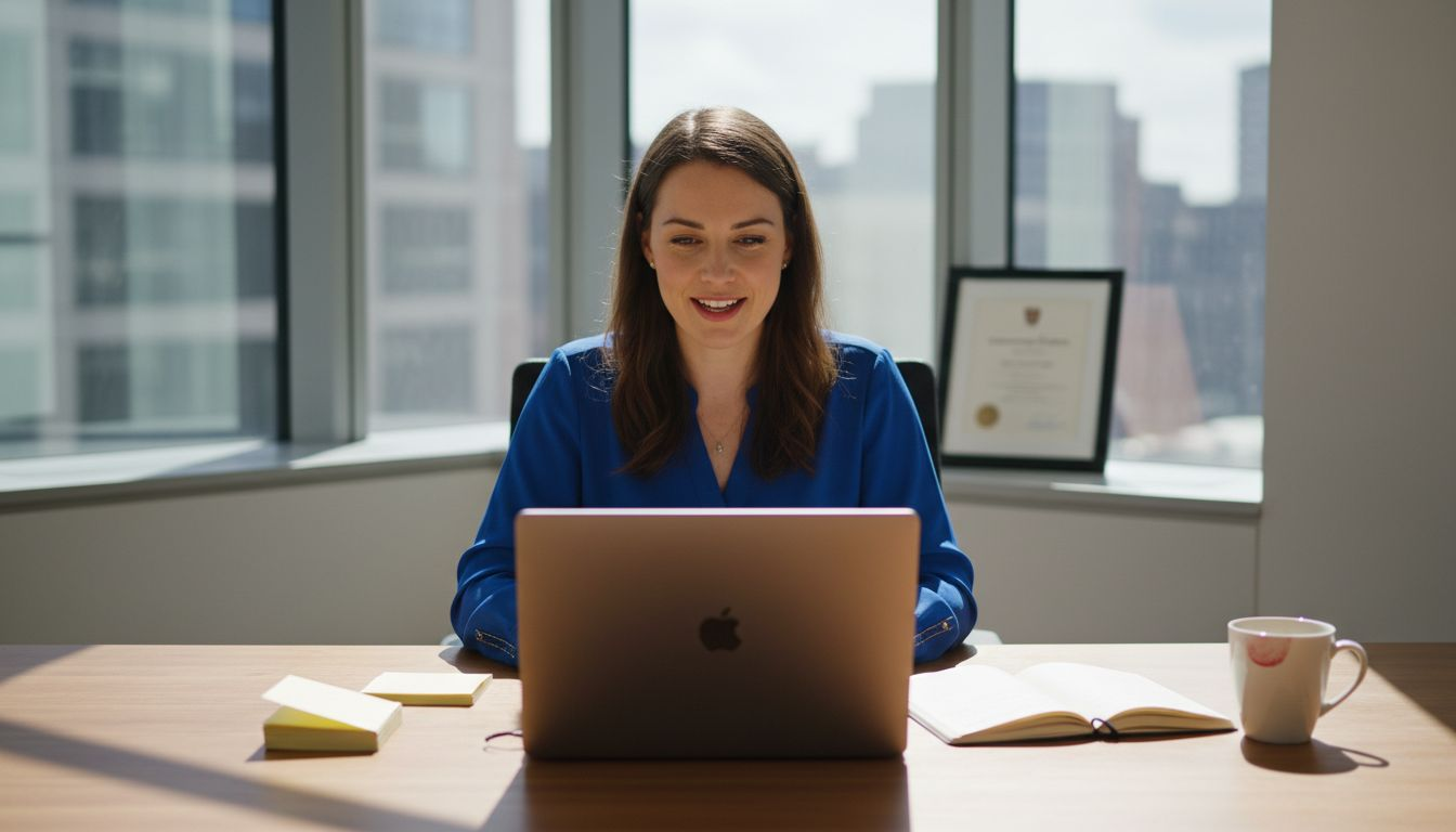 Woman practicing interview on webcam in office