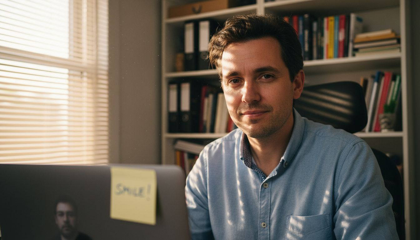 Man practicing communication for video interview