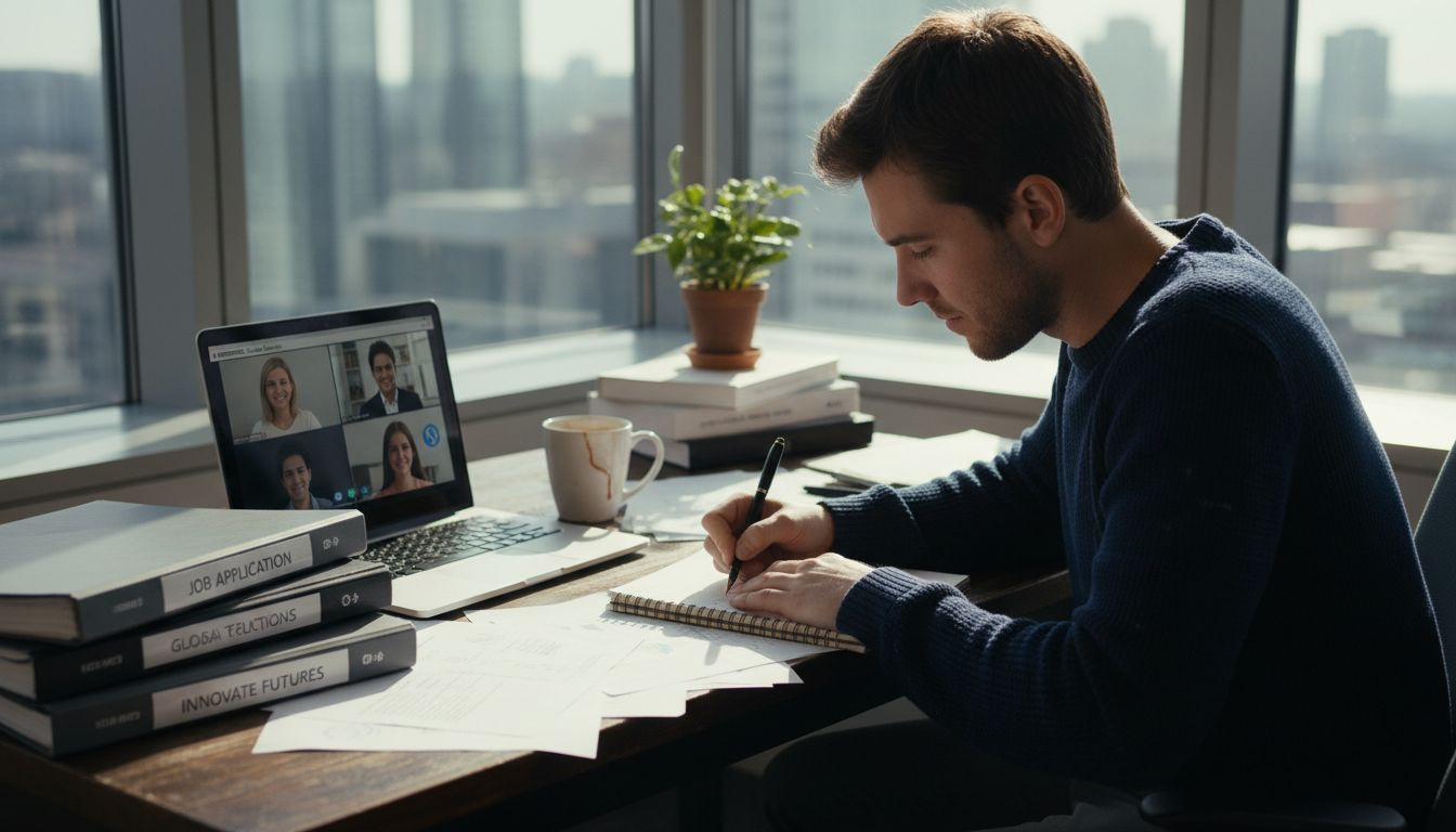 Candidate preparing for online interview in office