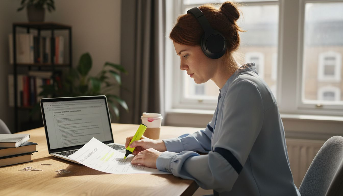 Woman highlighting interview questions at table