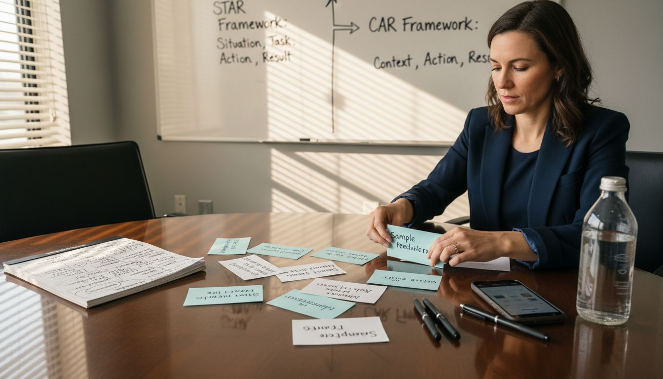 Woman organizing index cards for interview frameworks