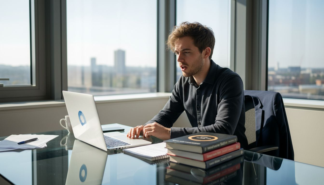 Man rehearsing interview in corner office with laptop