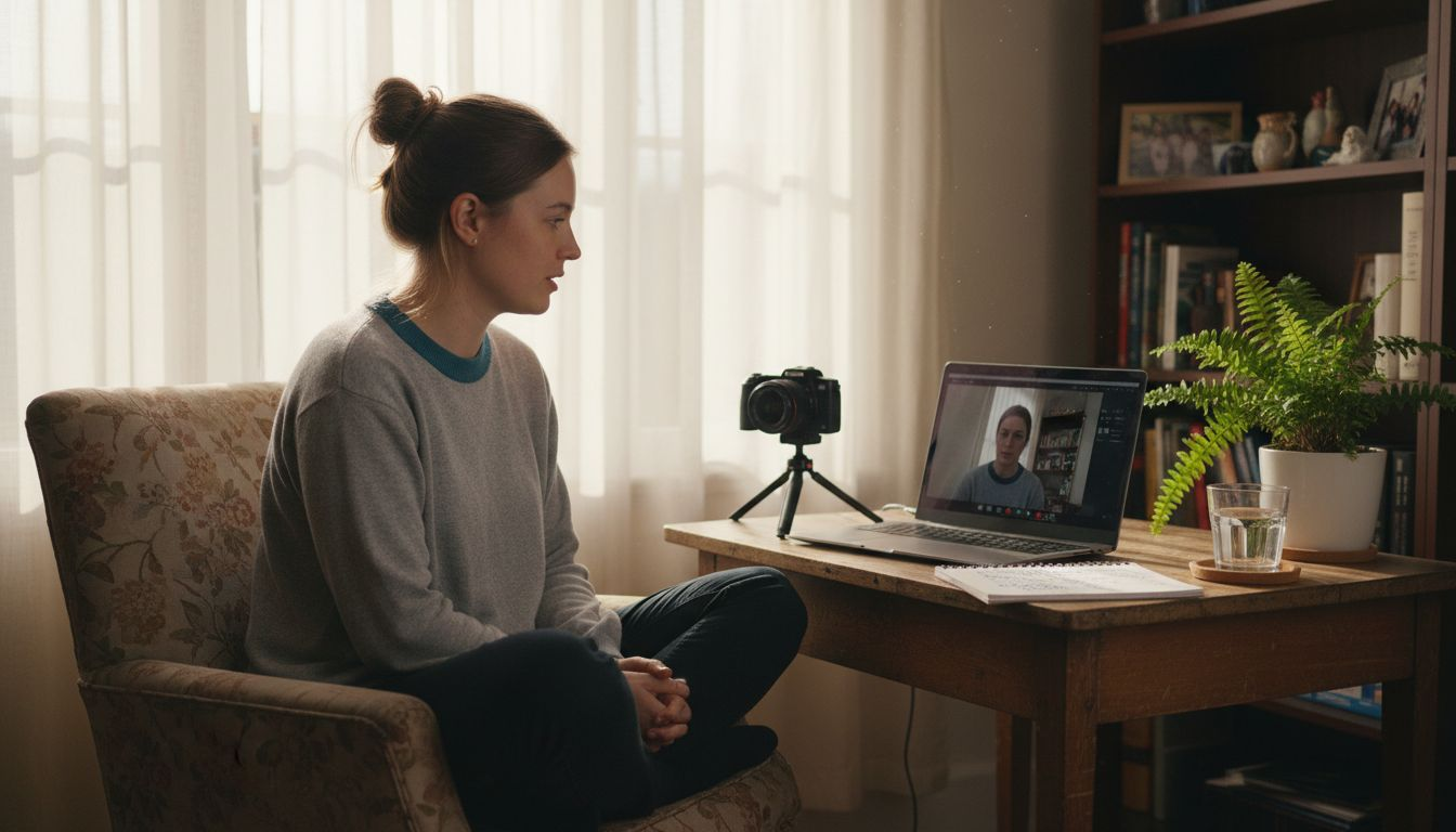 Young professional recording mock interview at desk