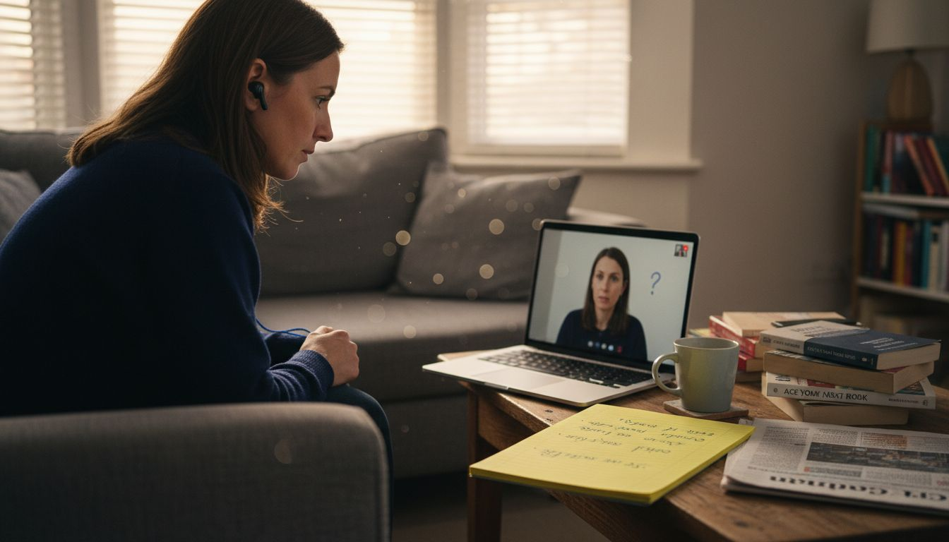 Woman reviewing interview video on laptop