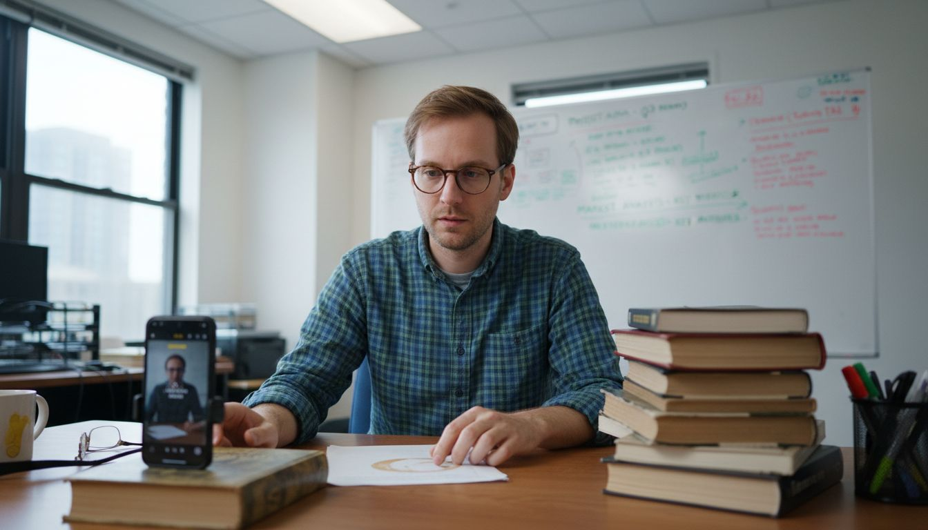 Man recording mock interview answer at desk