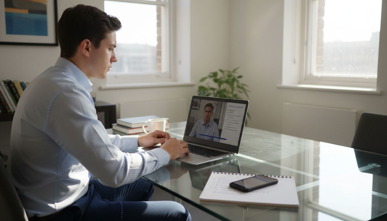 Man self-assessing speaking in office interview