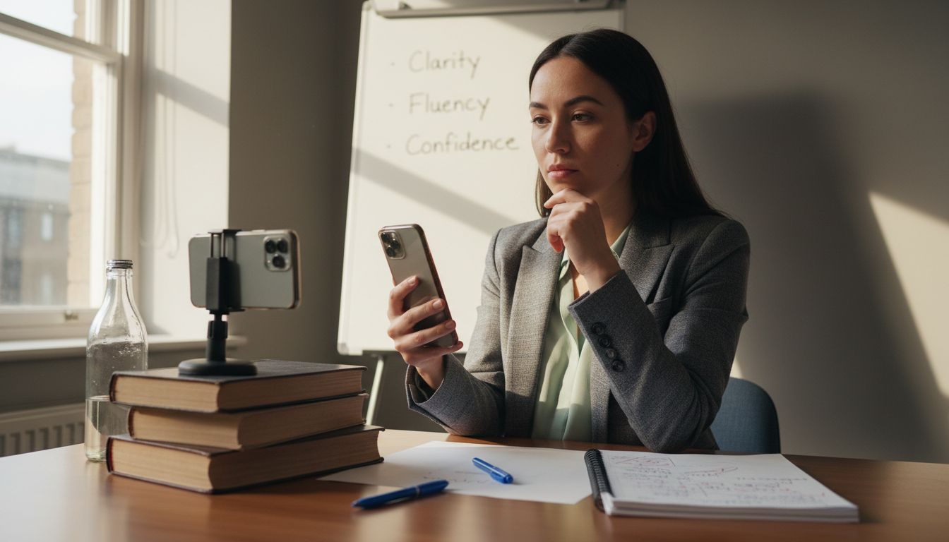 Woman practicing interview answers recording herself