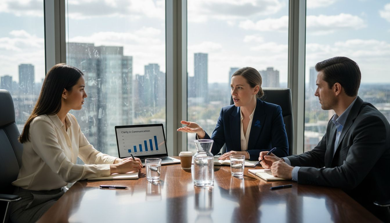 Professionals discussing communication skills in office