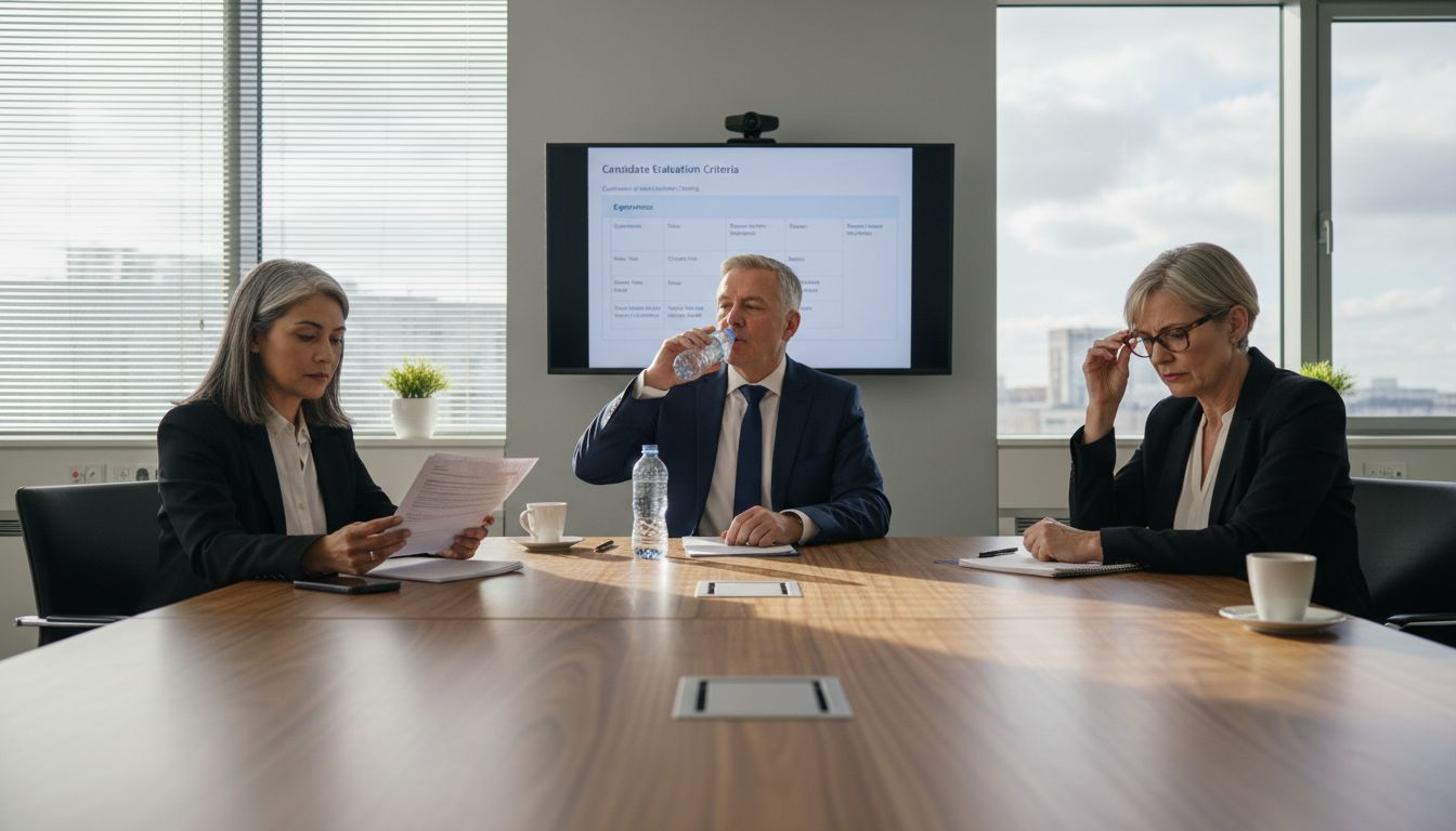 Panel interviewing candidate in boardroom