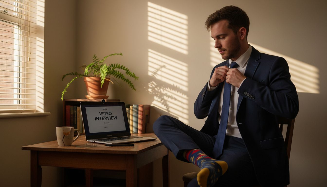 Candidate adjusts tie before home video interview