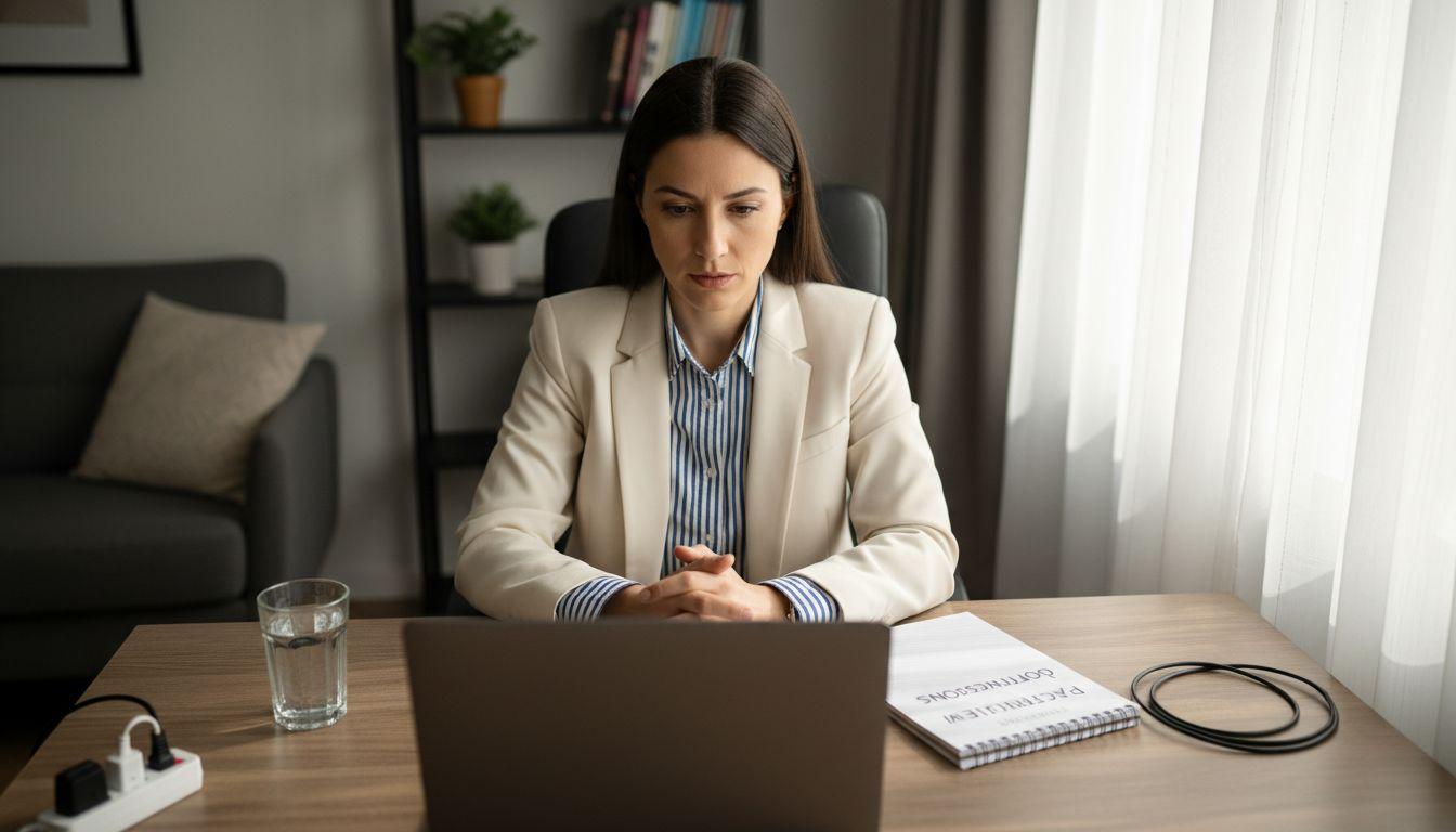 Professional rehearses video interview in small office