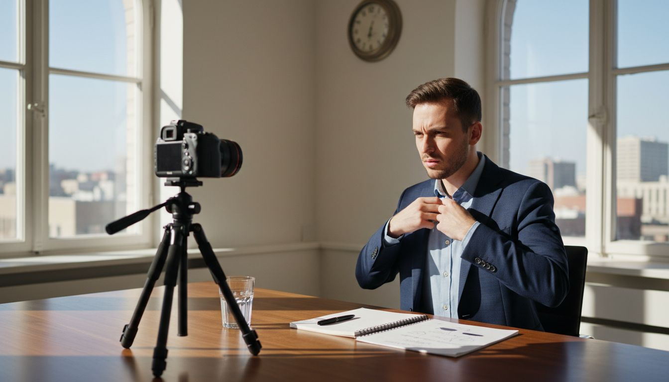 Professional practicing for on-camera interview