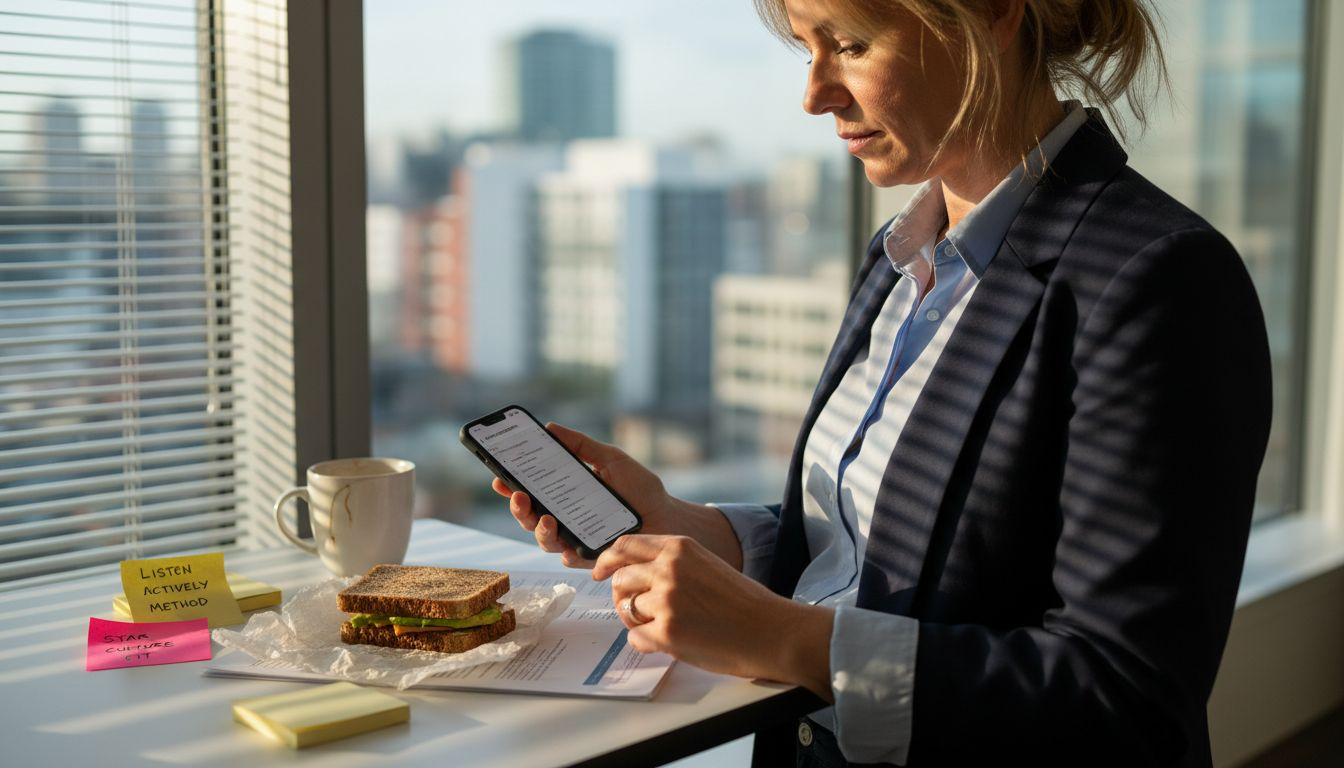 Woman practicing interview questions at desk