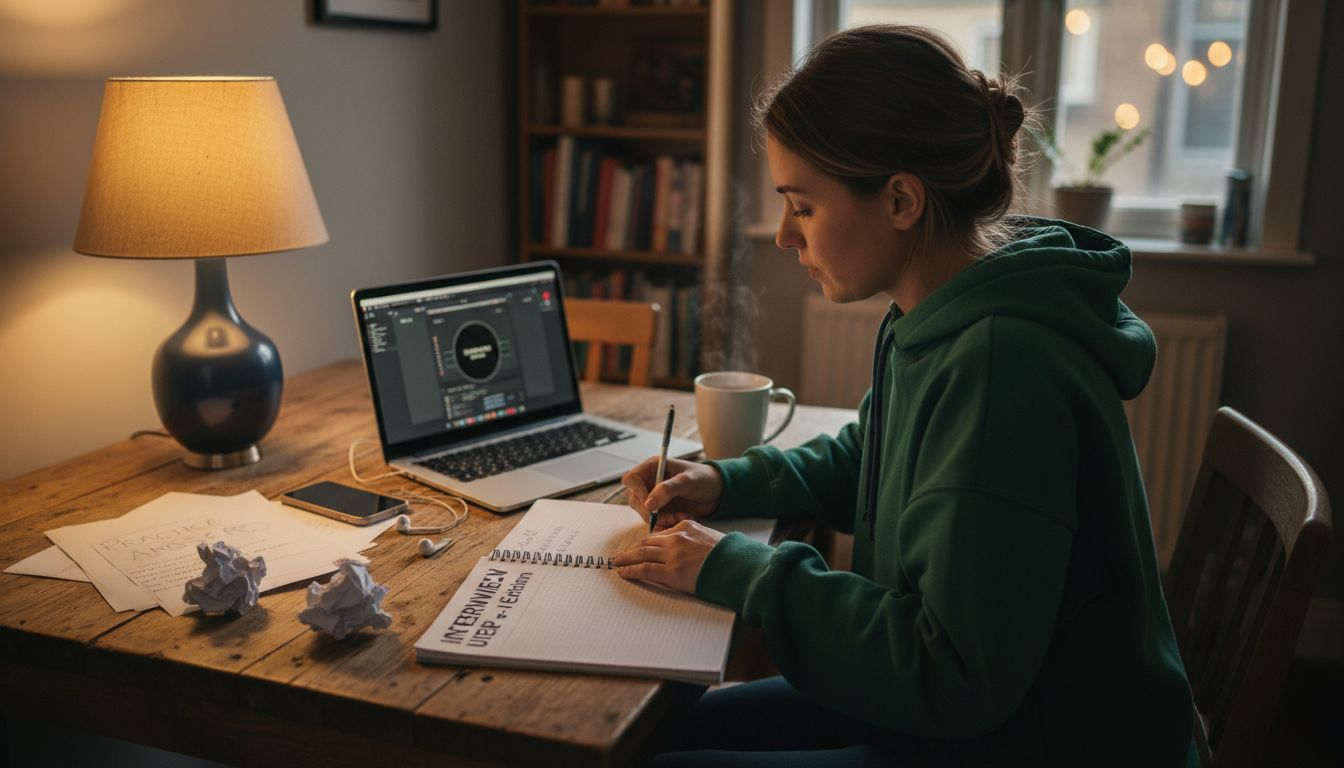 Young woman records interview answer practice