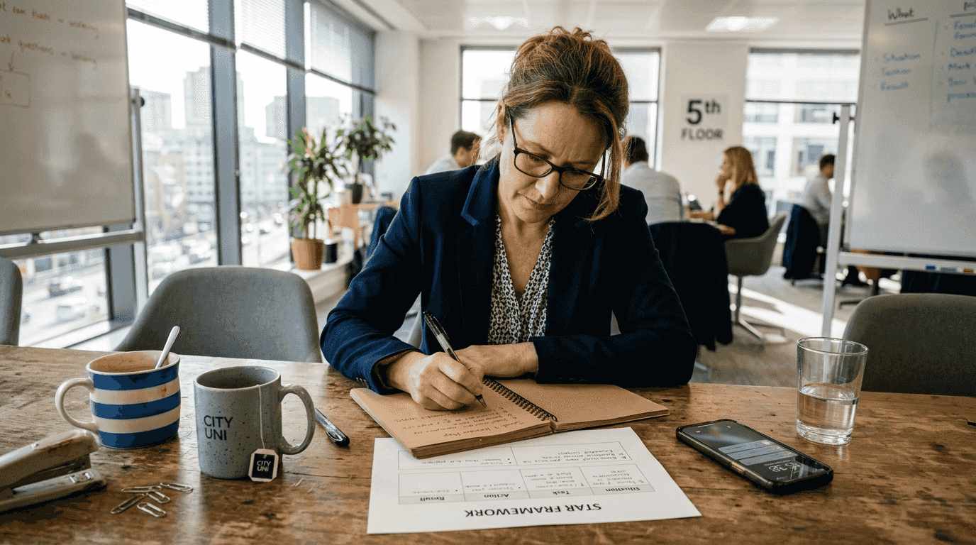 Professional preparing interview answer notes