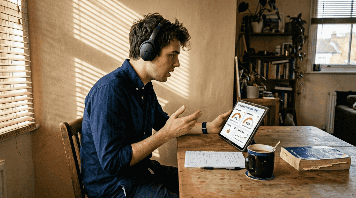 Candidate using AI tone analysis during interview