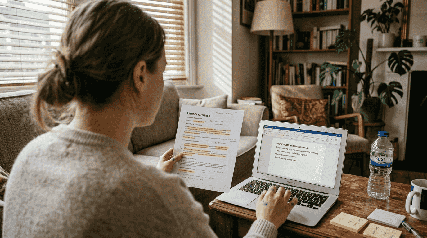 Woman reviewing AI-generated feedback at home