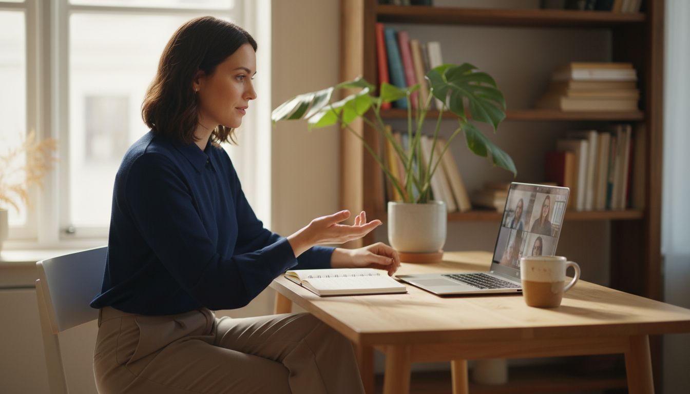 Woman demonstrating body language in video interview