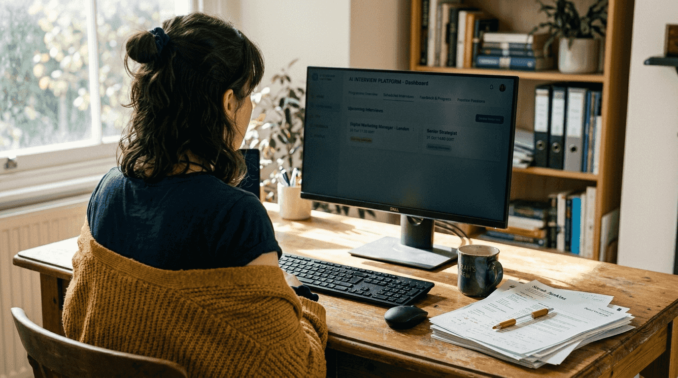 Jobseeker using interview software in home office