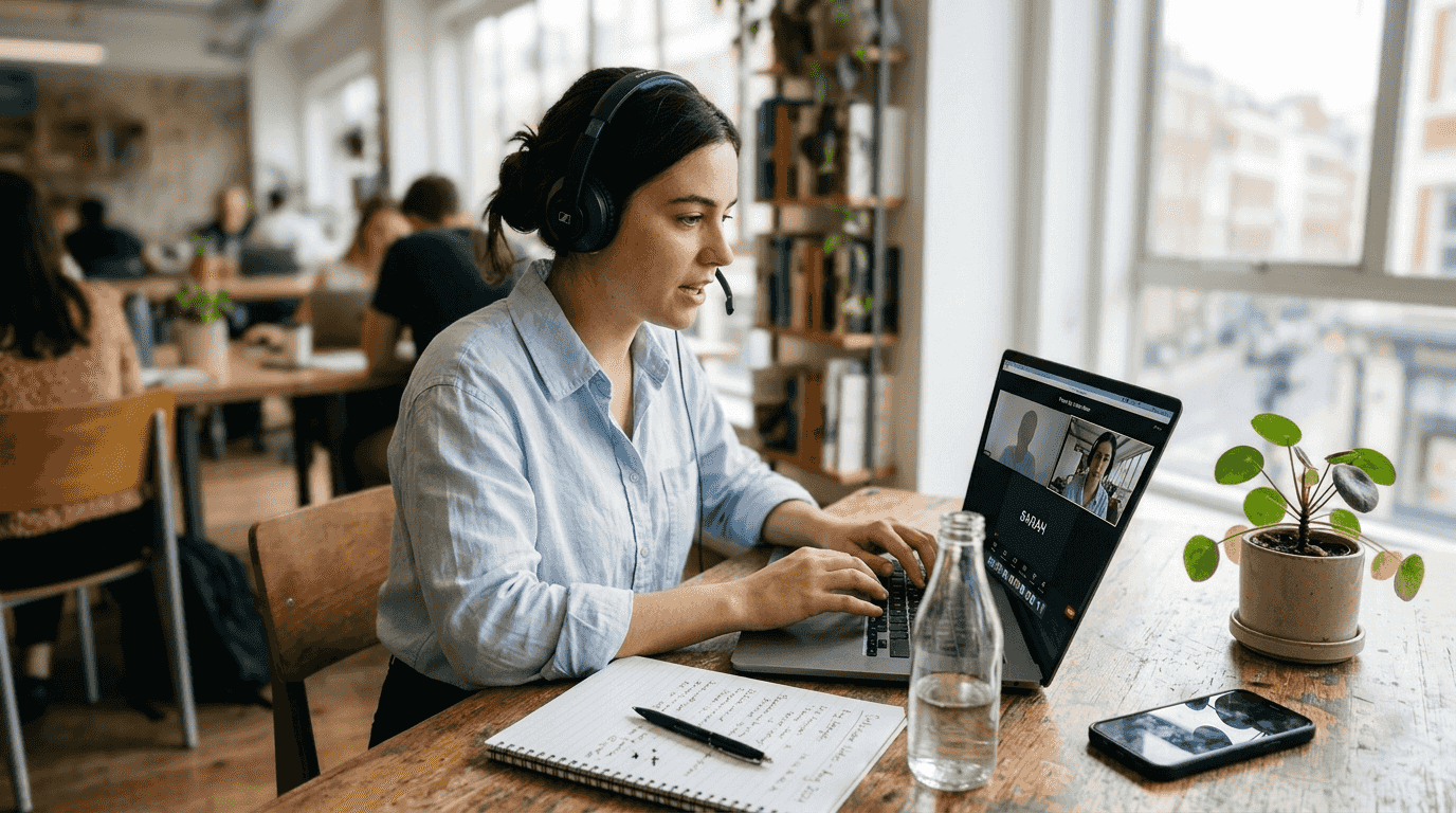 Professional practicing video interview at desk